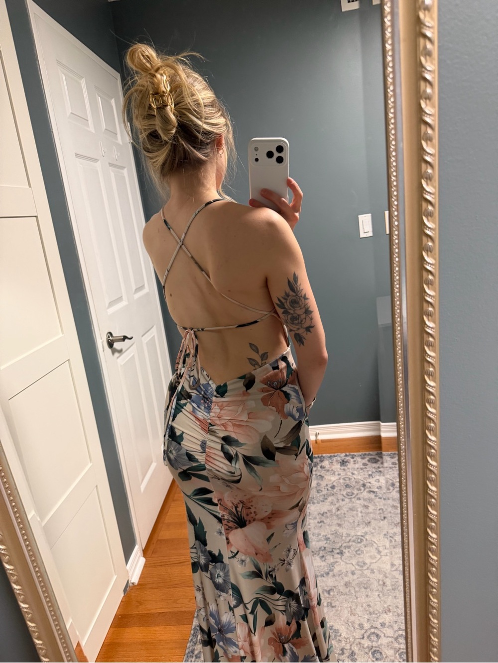 Spaghetti-Strap Floral Maxi Dress in Cream and Pink